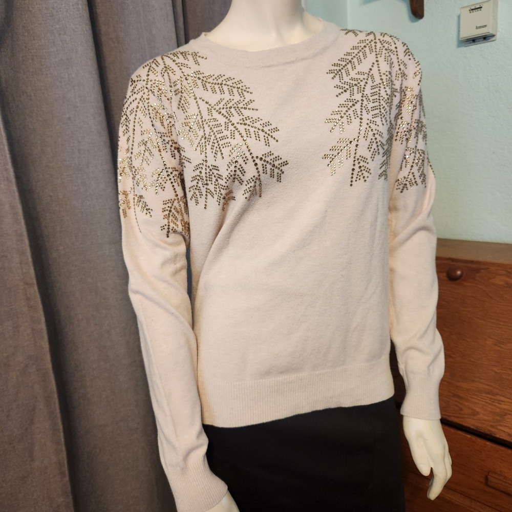 Liv Milano Women's Sweater Gold Rhinestone‎ tree Bough Design Sparkly On Ivory L